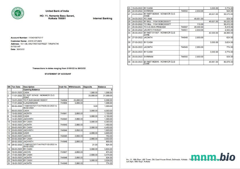 Szablon wyciągu bankowego India Union, format Word i PDF, 2 strony